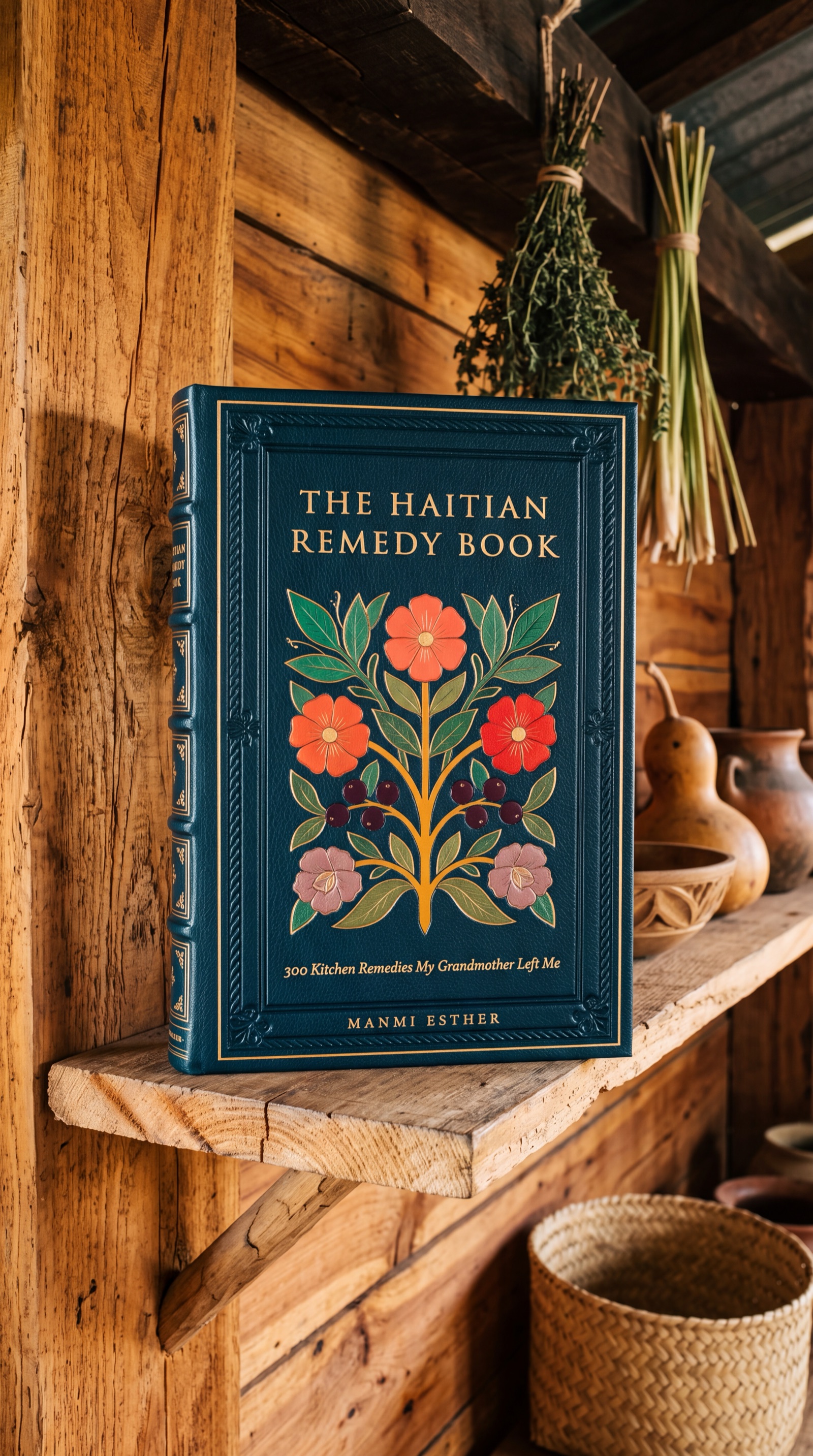 The Haitian Remedy Book on a wooden shelf